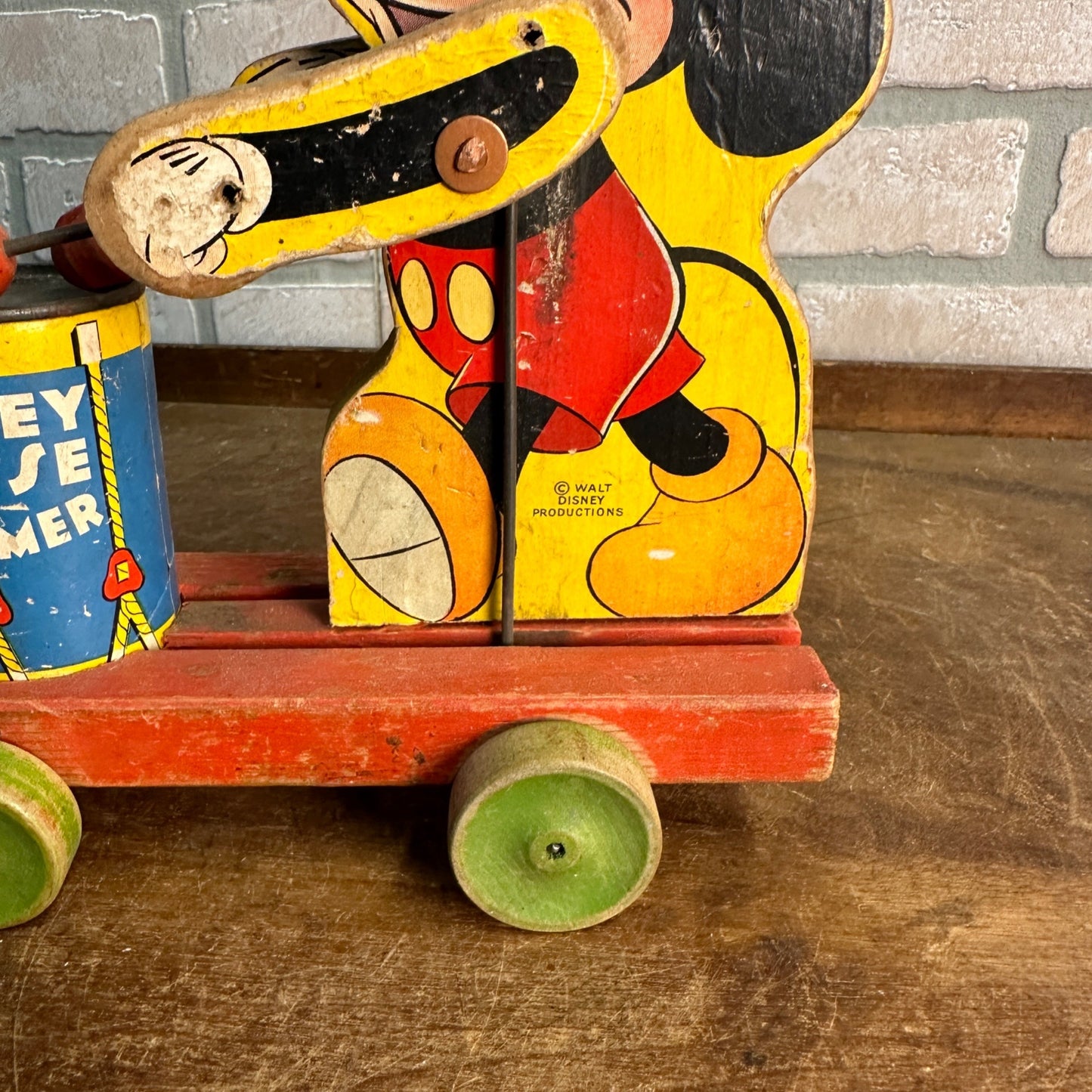 Vintage 1940s Fisher Price Mickey Mouse Drummer Wooden Child's Pull Toy No. 476