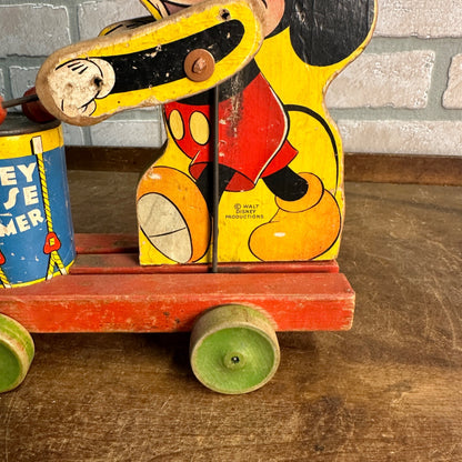 Vintage 1940s Fisher Price Mickey Mouse Drummer Wooden Child's Pull Toy No. 476