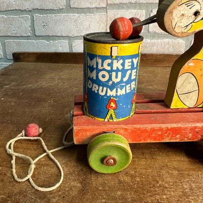 Vintage 1940s Fisher Price Mickey Mouse Drummer Wooden Child's Pull Toy No. 476