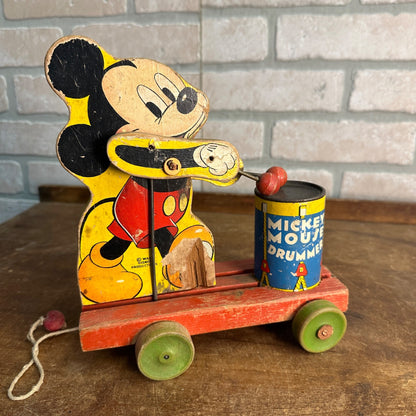 Vintage 1940s Fisher Price Mickey Mouse Drummer Wooden Child's Pull Toy No. 476