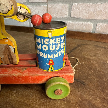 Vintage 1940s Fisher Price Mickey Mouse Drummer Wooden Child's Pull Toy No. 476