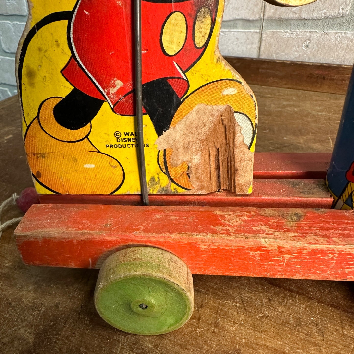 Vintage 1940s Fisher Price Mickey Mouse Drummer Wooden Child's Pull Toy No. 476