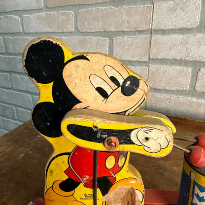 Vintage 1940s Fisher Price Mickey Mouse Drummer Wooden Child's Pull Toy No. 476