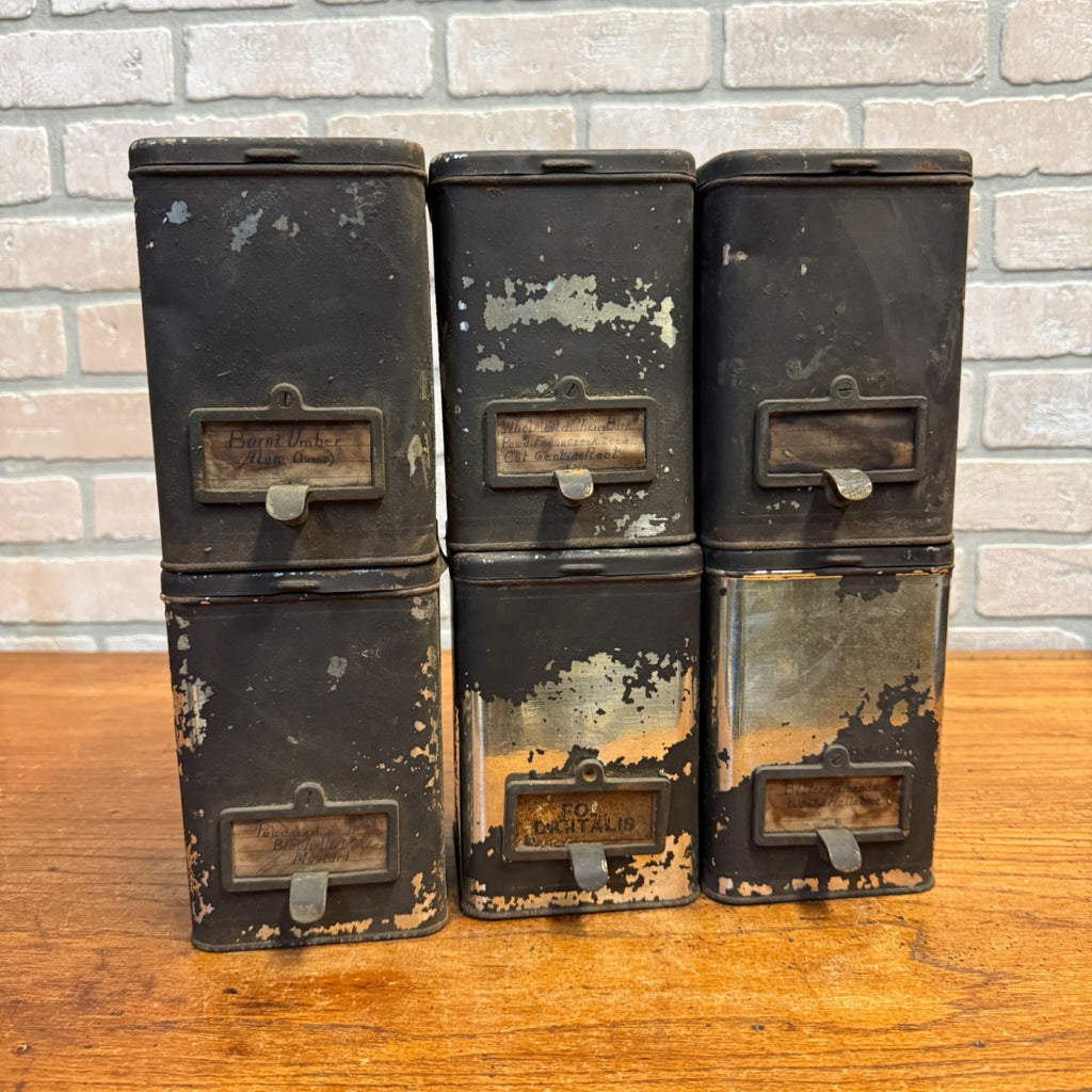 Lot of (6) 1900s Apothecary Seed Phenix Herb Can Druggist Storage Metal Bins Empty