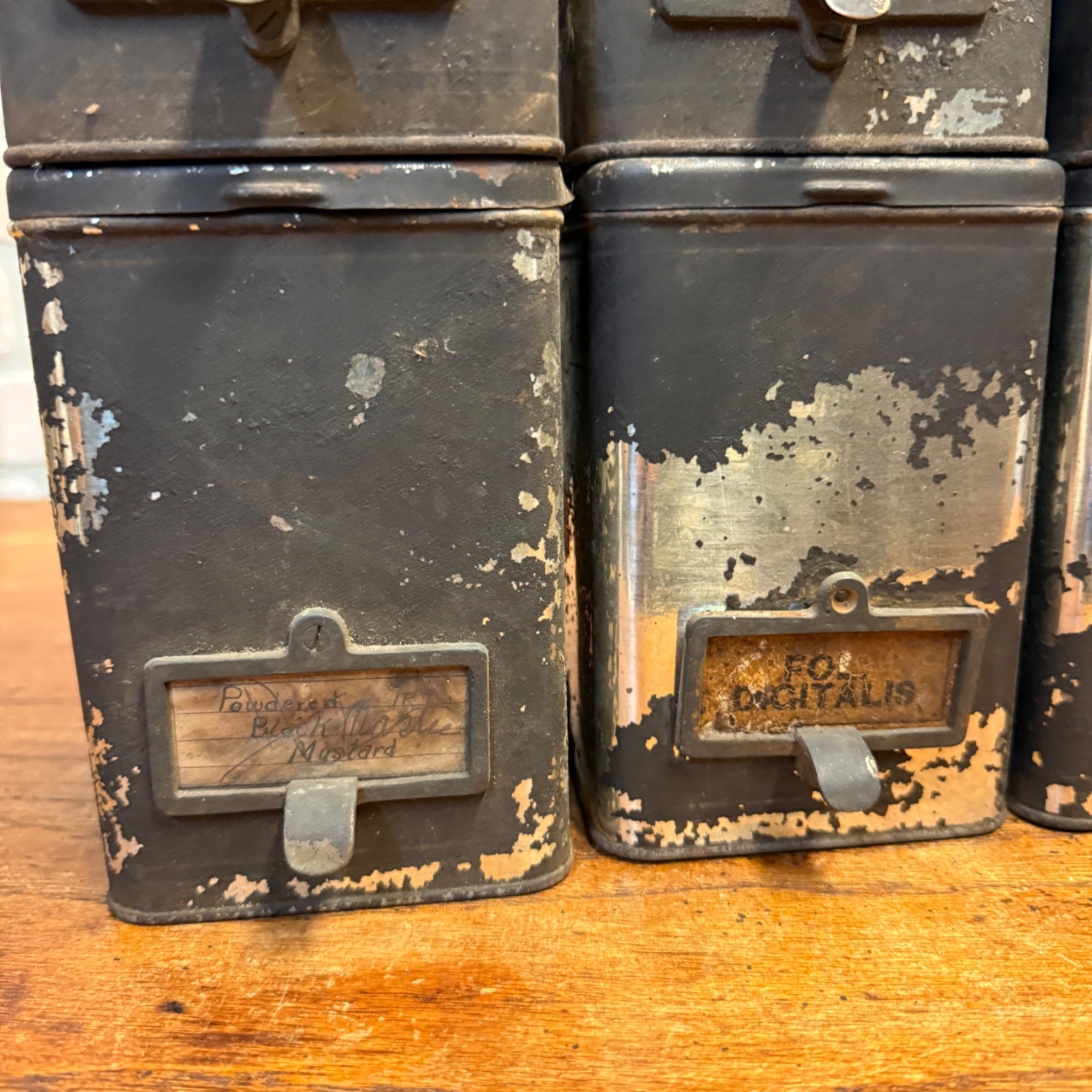 Lot of (6) 1900s Apothecary Seed Phenix Herb Can Druggist Storage Metal Bins Empty