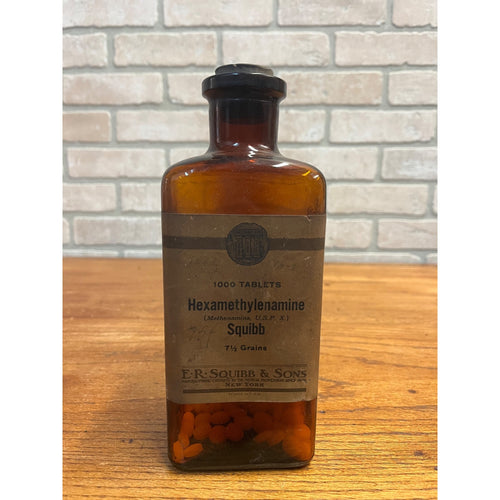 Vintage 1930s E.R. Squibb Amber Glass Apothecary Drug Bottle Hexamethylenamine
