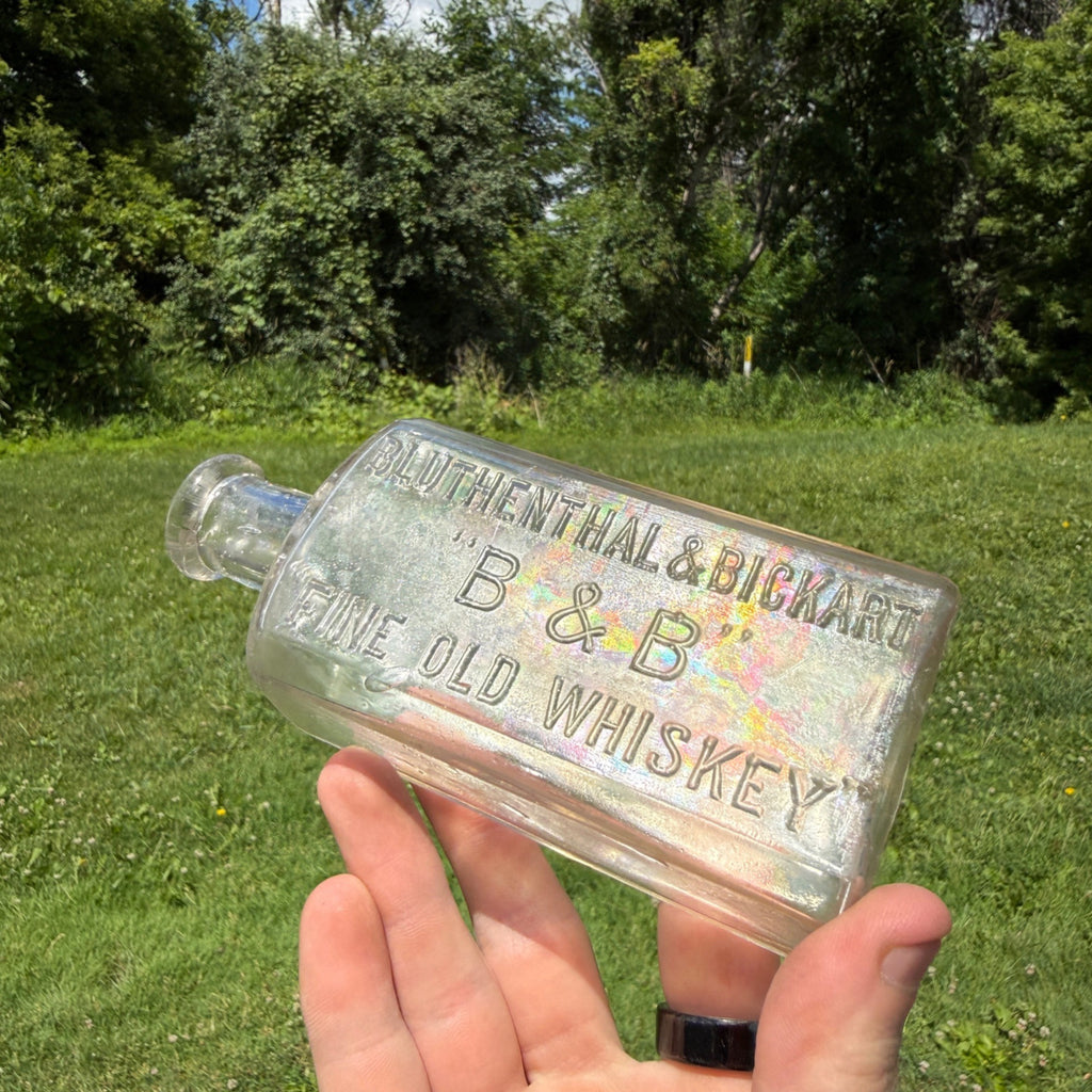 Antique Bluthenthal & Bickart B & B Fine Old Flask Whiskey Glass Bottle 1890s