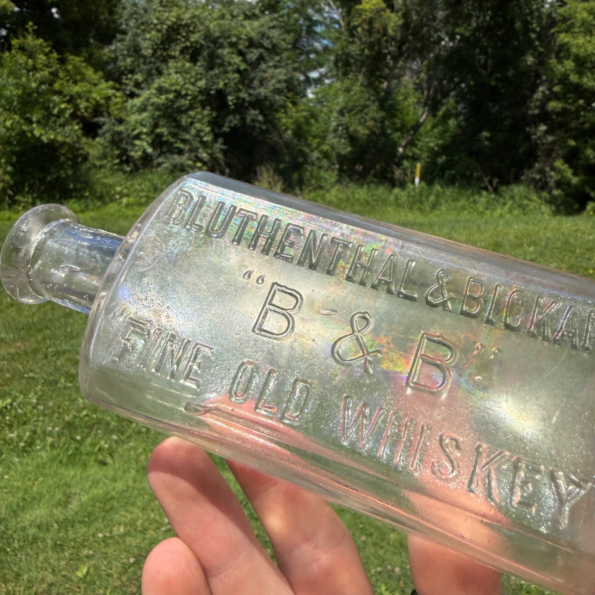 Antique Bluthenthal & Bickart B & B Fine Old Flask Whiskey Glass Bottle 1890s