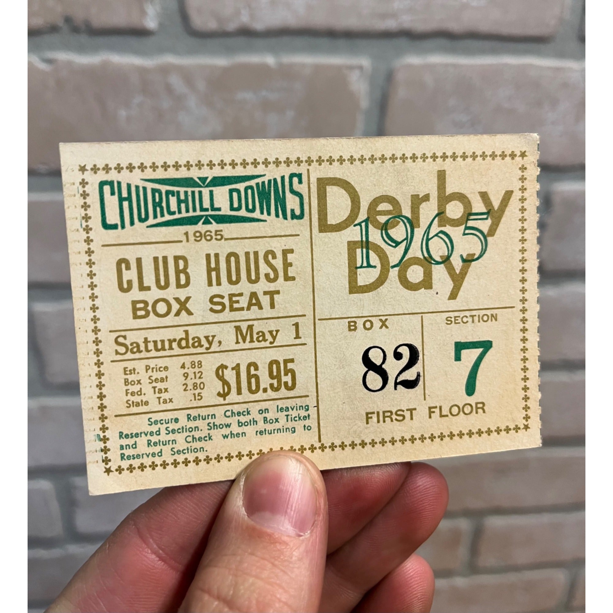Original 1965 Churchill Downs Kentucky Derby Clubhouse Box Seat Ticket Vintage