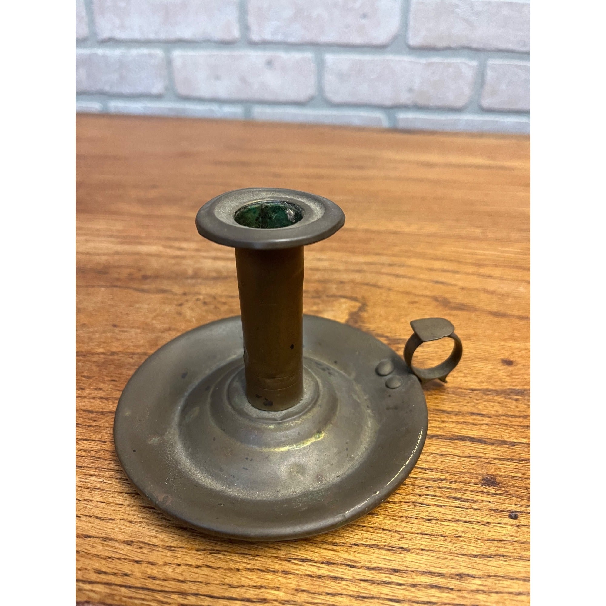 Antique Primitive Brass Candle Holder Finger Loop Farmhouse Country Colonial Decor