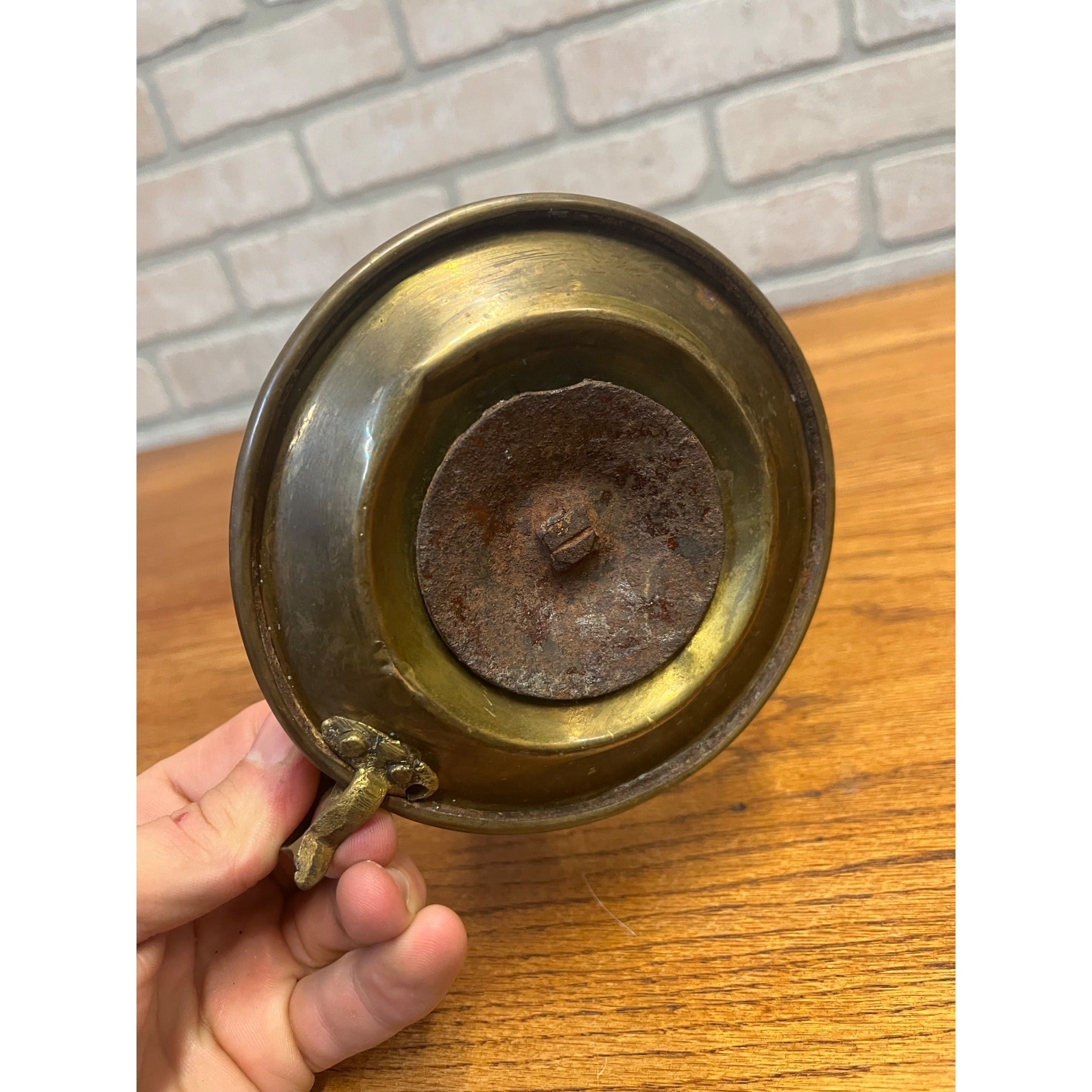 Antique Primitive Brass Candle Holder Finger Loop Farmhouse Country Colonial Decor