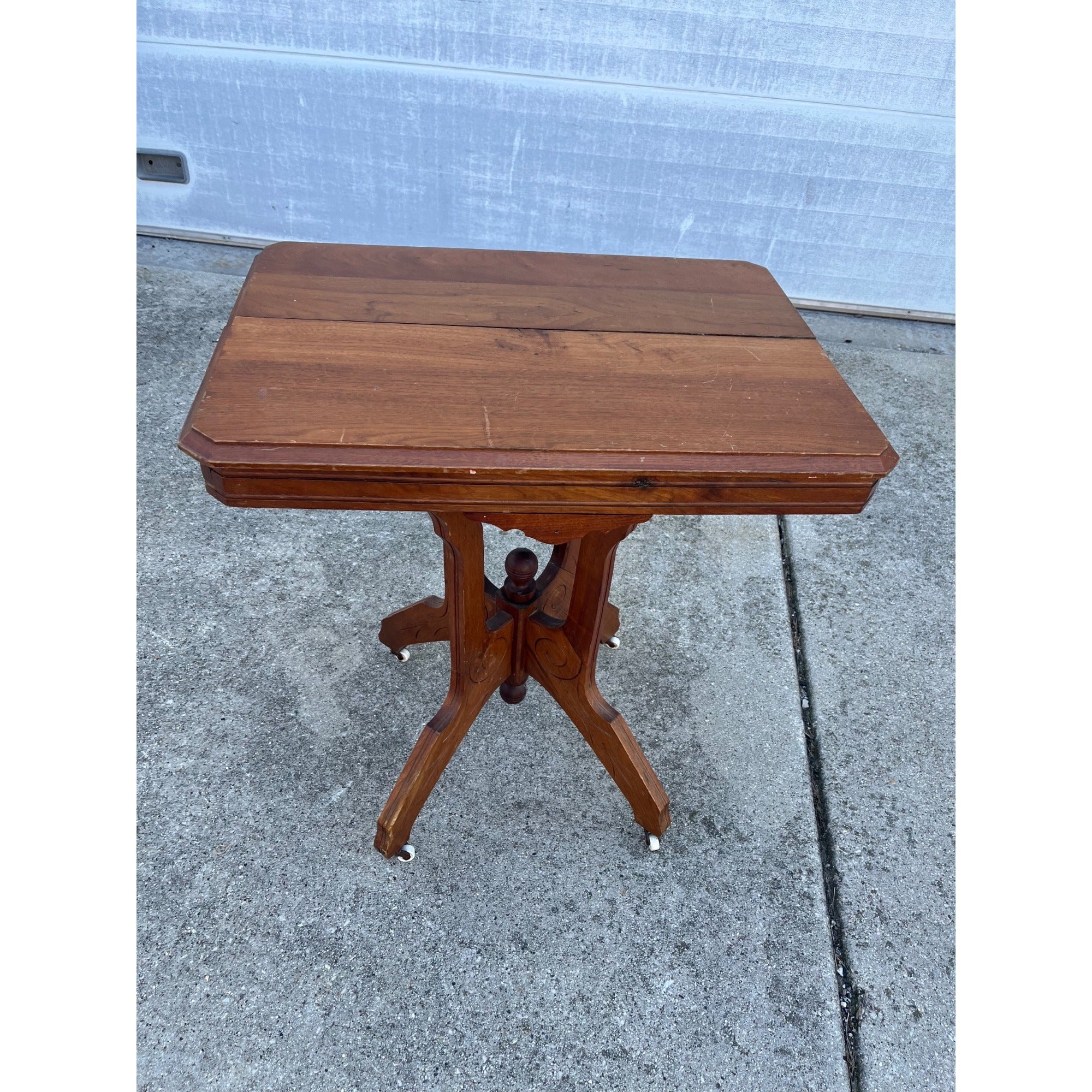 Victorian Eastlake Antique Walnut Pedestal Lamp Table or Plant Stand - Porcelain Casters