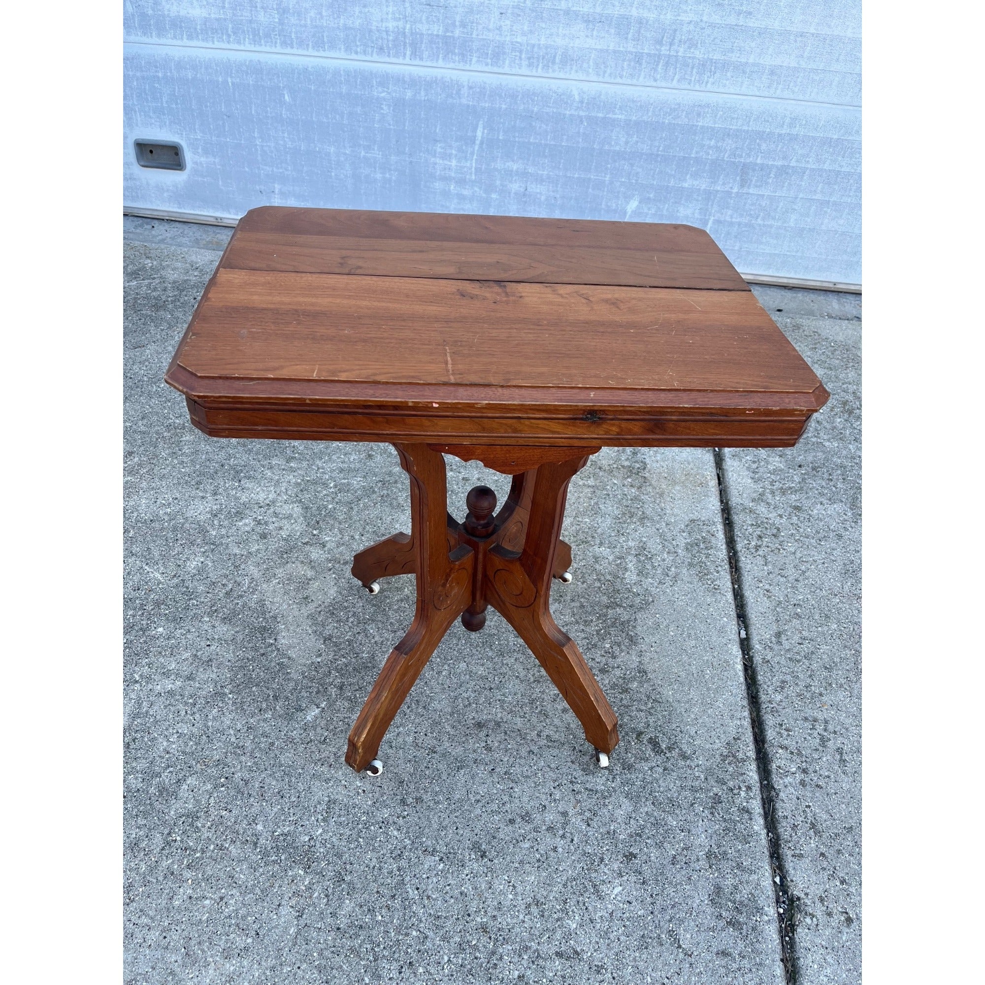 Victorian Eastlake Antique Walnut Pedestal Lamp Table or Plant Stand - Porcelain Casters