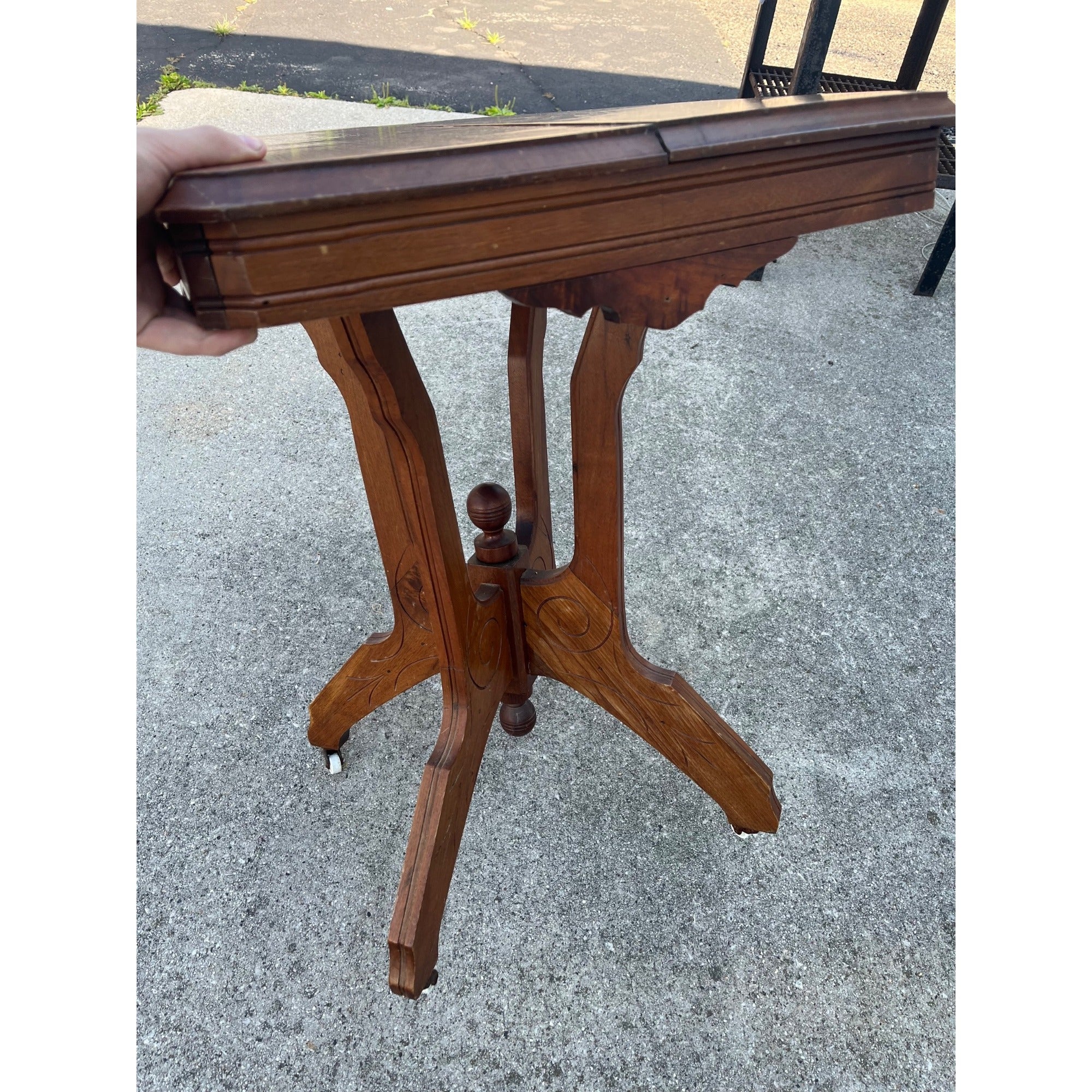 Victorian Eastlake Antique Walnut Pedestal Lamp Table or Plant Stand - Porcelain Casters