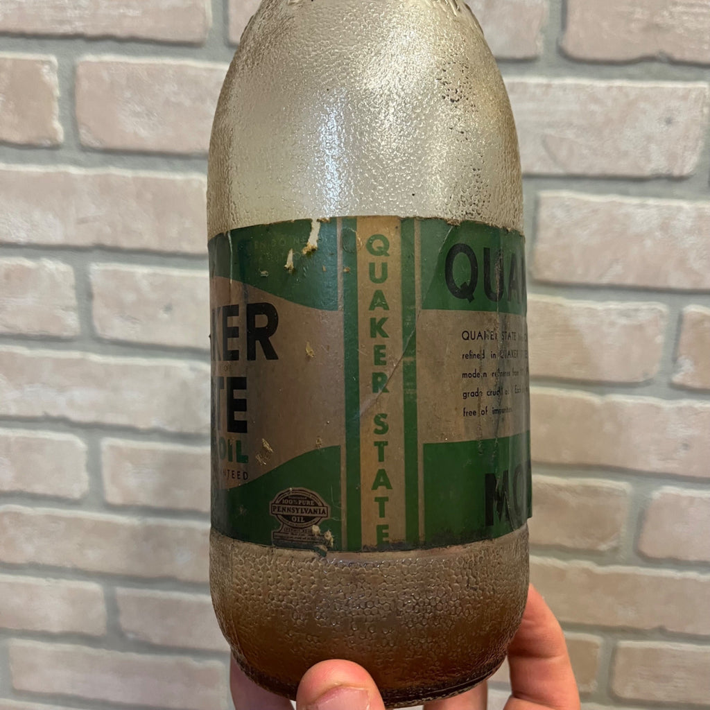 Antique Glass Motor Oil Bottle Jar Quaker State Oil City PA Paper Label Quart