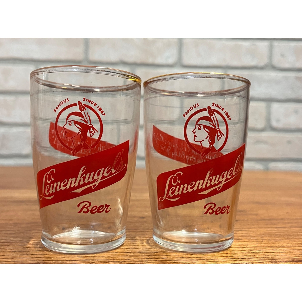 Vintage Set of Two (2) Leinenkugel's Short Beer Glasses Indian Maiden Logo Famous Since 1867 Slogan WI
