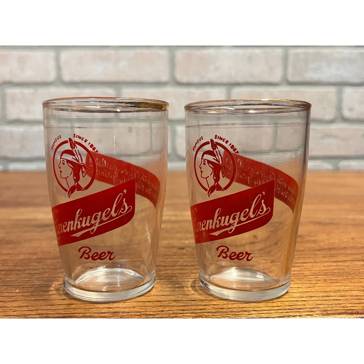 Vintage Set of Two (2) Leinenkugel's Short Beer Glasses Indian Maiden Logo Famous Since 1867 Slogan WI