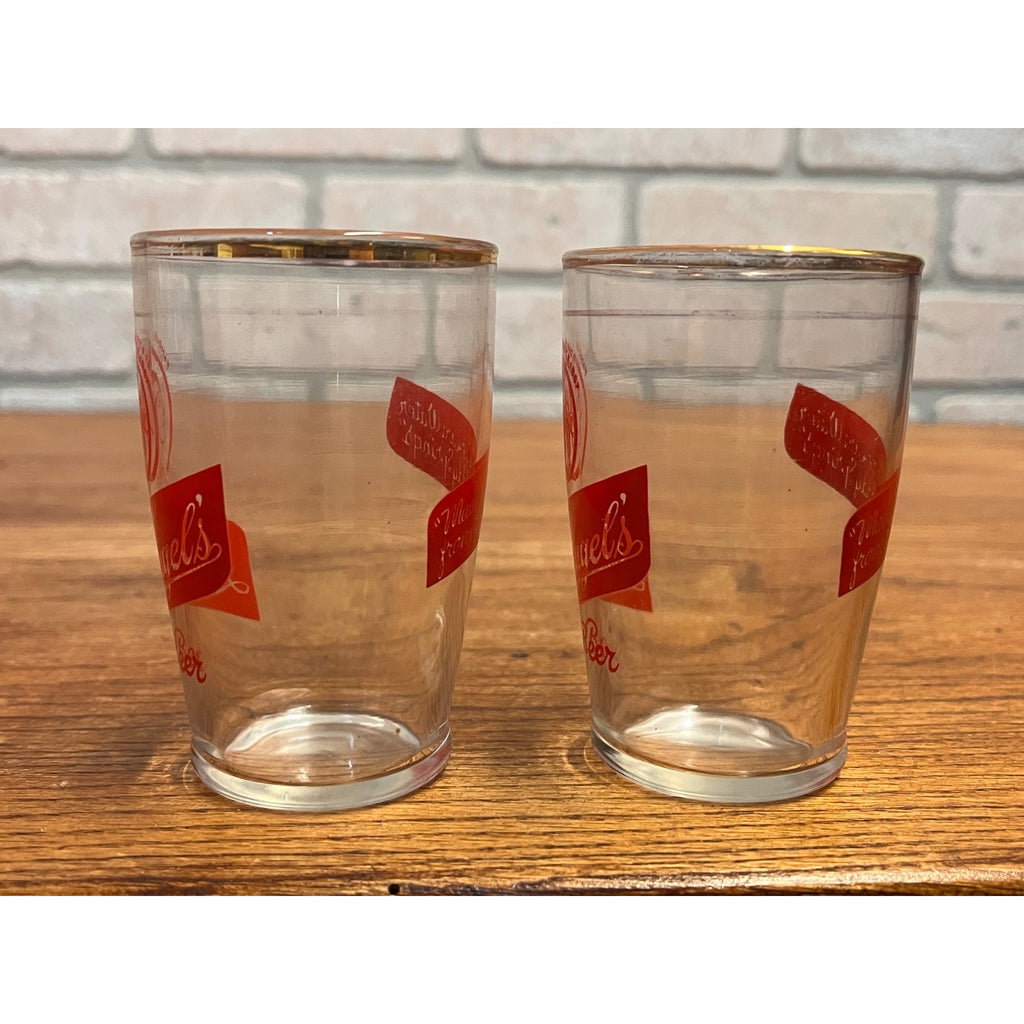 Vintage Set of Two (2) Leinenkugel's Short Beer Glasses Indian Maiden Logo Famous Since 1867 Slogan WI