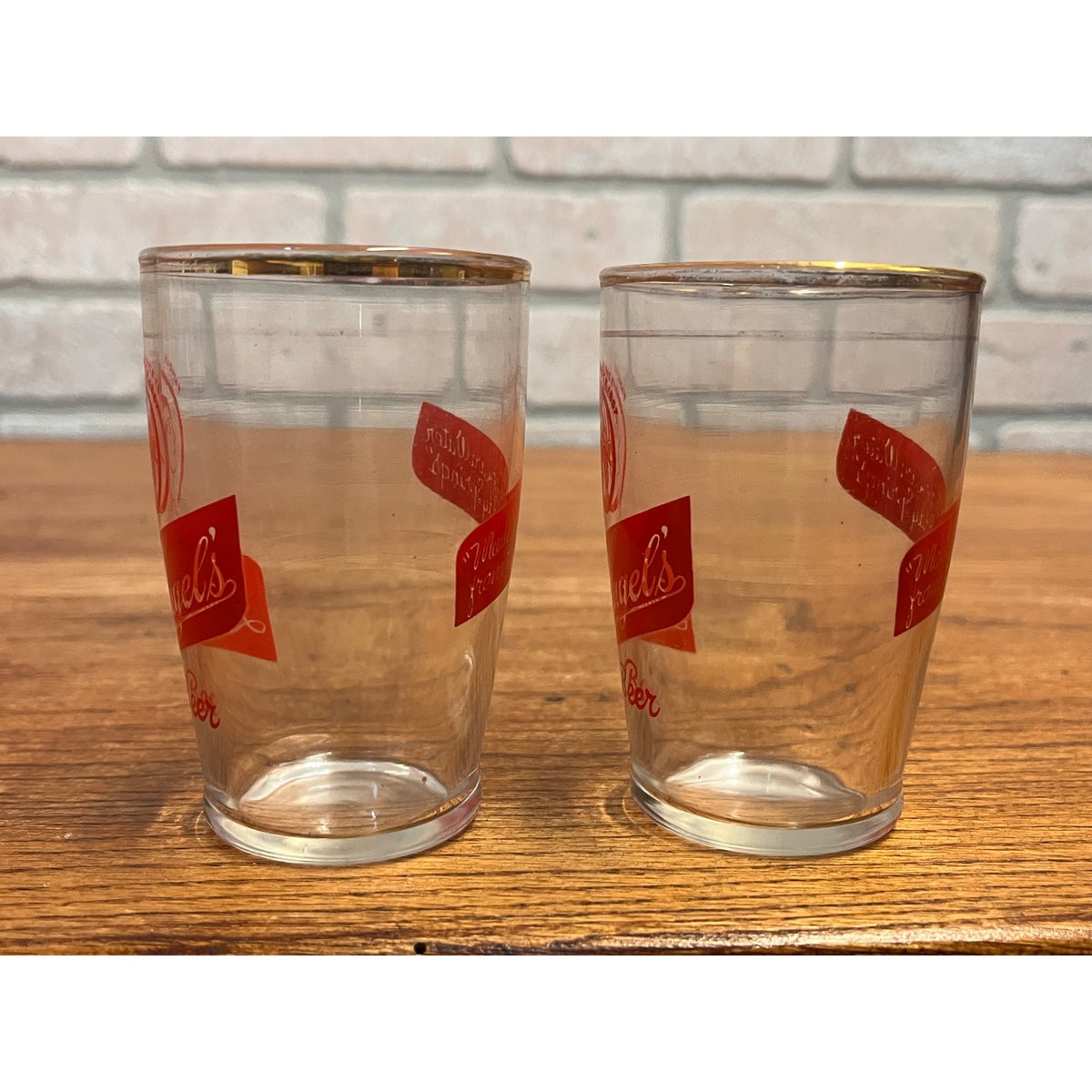 Vintage Set of Two (2) Leinenkugel's Short Beer Glasses Indian Maiden Logo Famous Since 1867 Slogan WI