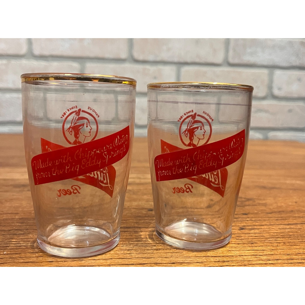 Vintage Set of Two (2) Leinenkugel's Short Beer Glasses Indian Maiden Logo Famous Since 1867 Slogan WI
