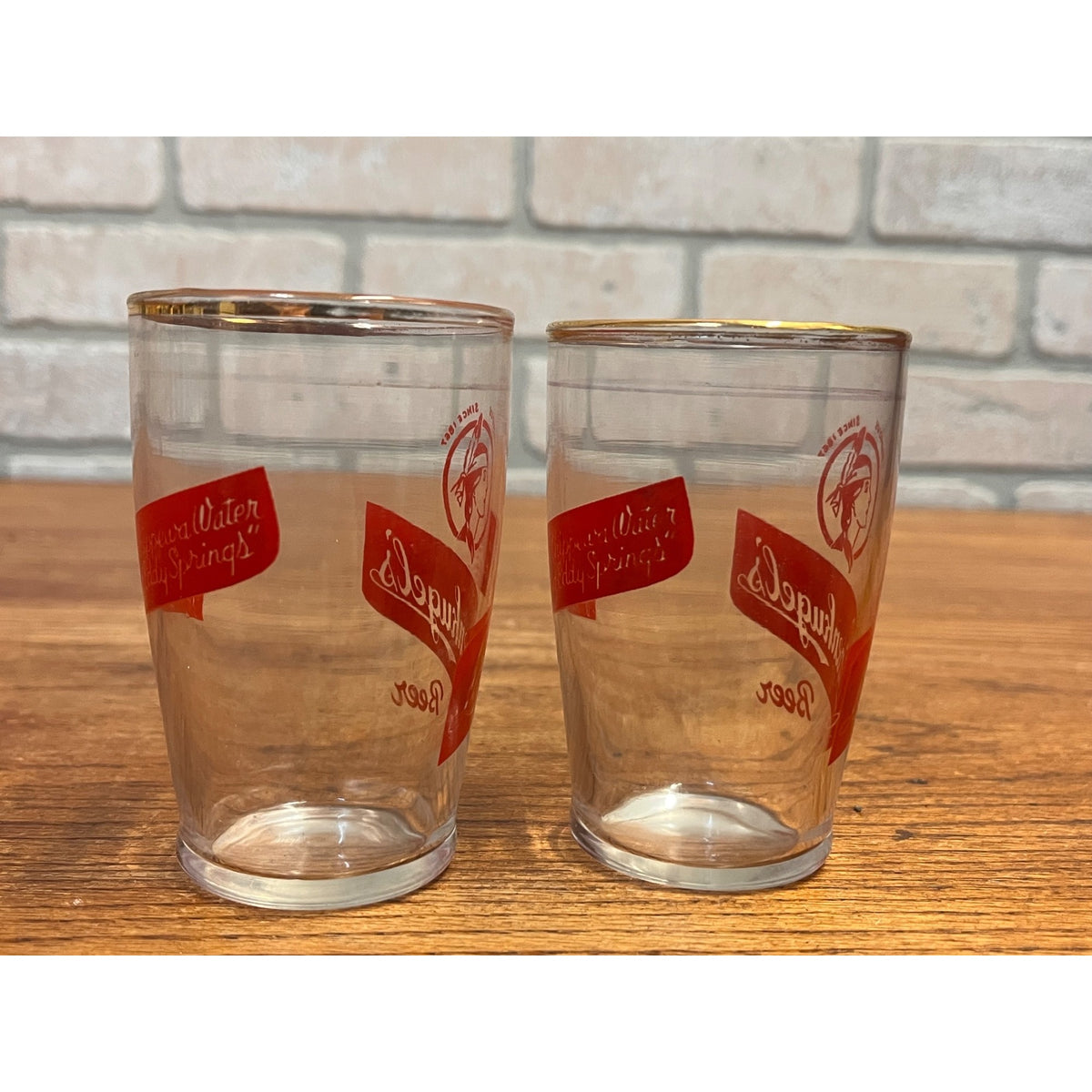 Vintage Set of Two (2) Leinenkugel's Short Beer Glasses Indian Maiden Logo Famous Since 1867 Slogan WI
