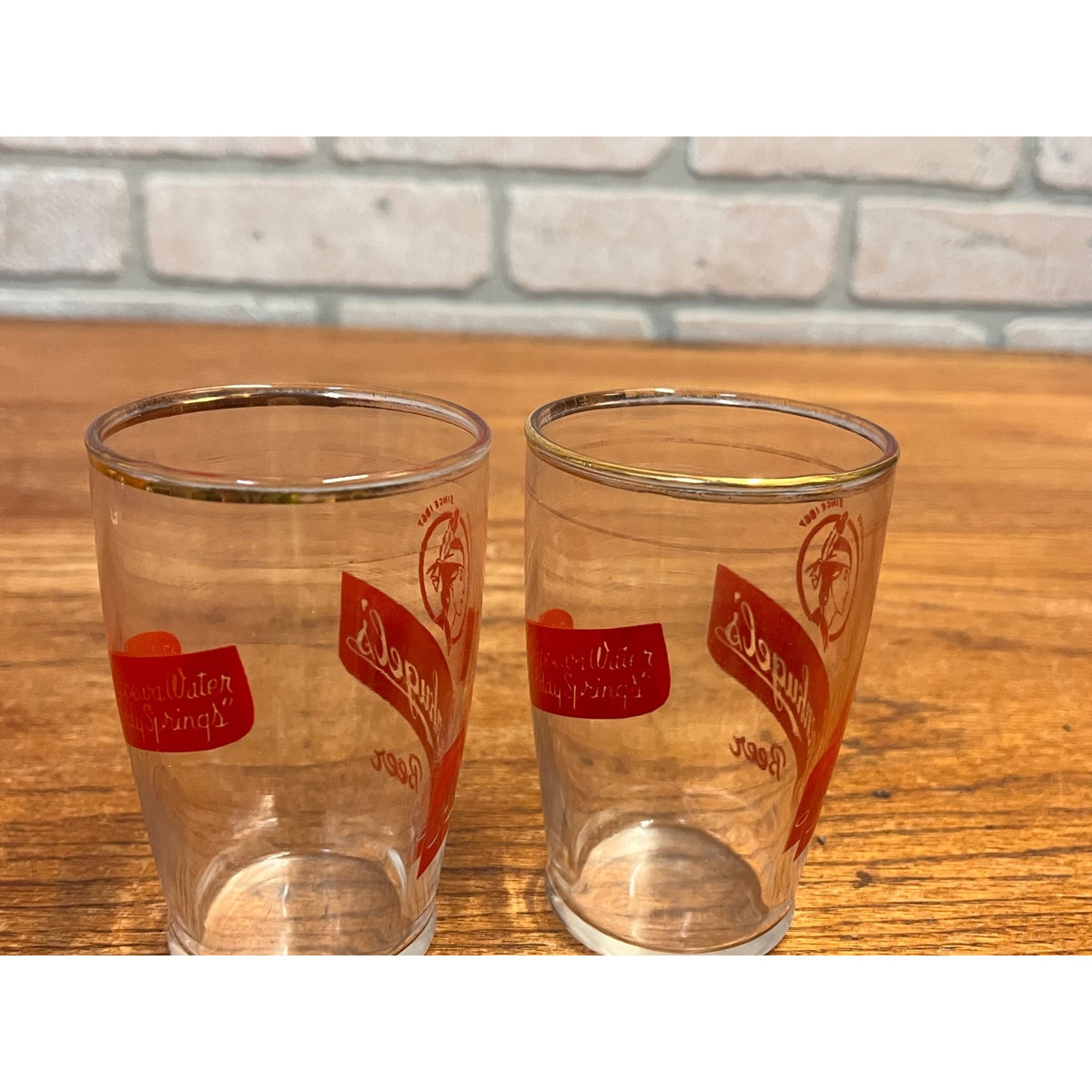 Vintage Set of Two (2) Leinenkugel's Short Beer Glasses Indian Maiden Logo Famous Since 1867 Slogan WI