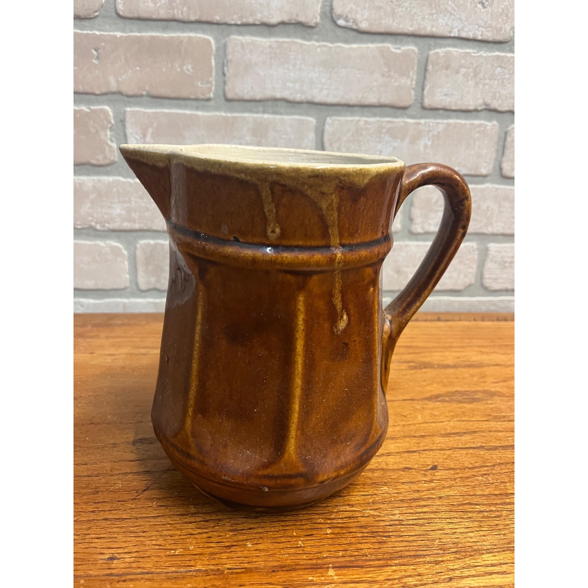 Antique Primitive Paneled Stoneware Water Pitcher Kitchen Farmhouse Decor