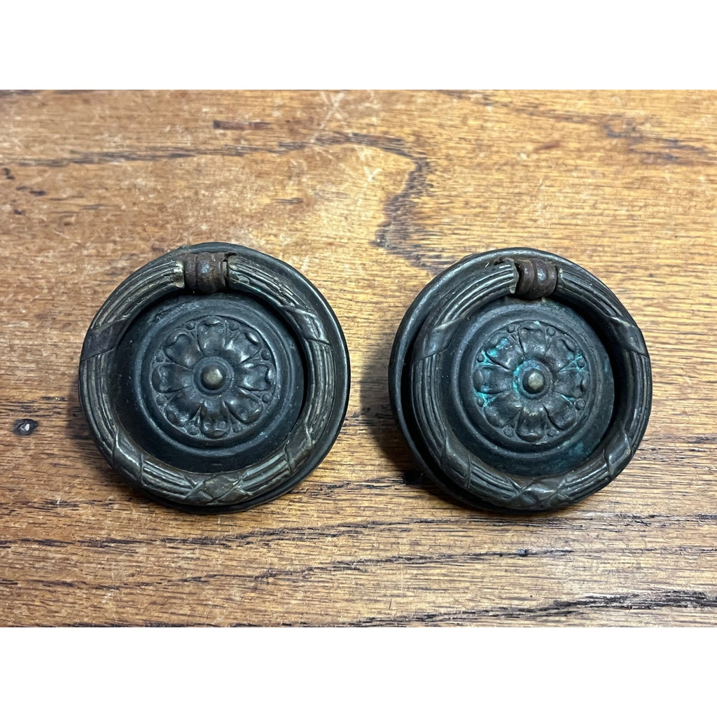 Antique Victorian Rosette Ring Drawer Pulls Pair Colonial Revival Furniture Hardware