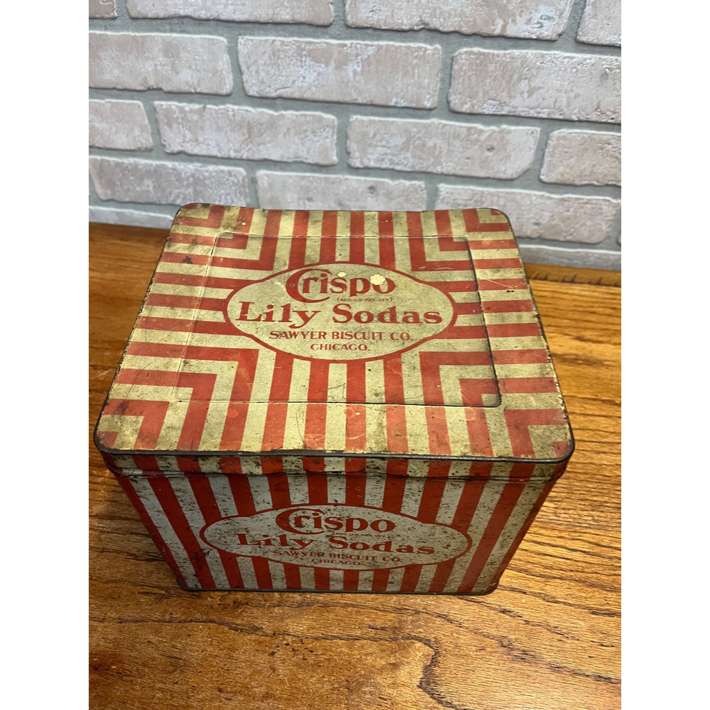 Antique Crispo Lilly Sodas Tin Advertising Box Sawyer Biscuit Patriotic Red