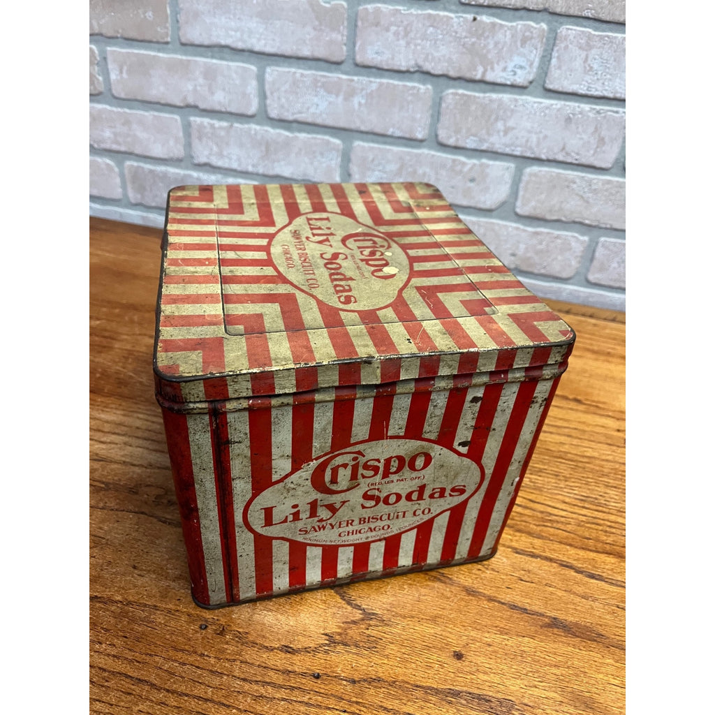 Antique Crispo Lilly Sodas Tin Advertising Box Sawyer Biscuit Patriotic Red