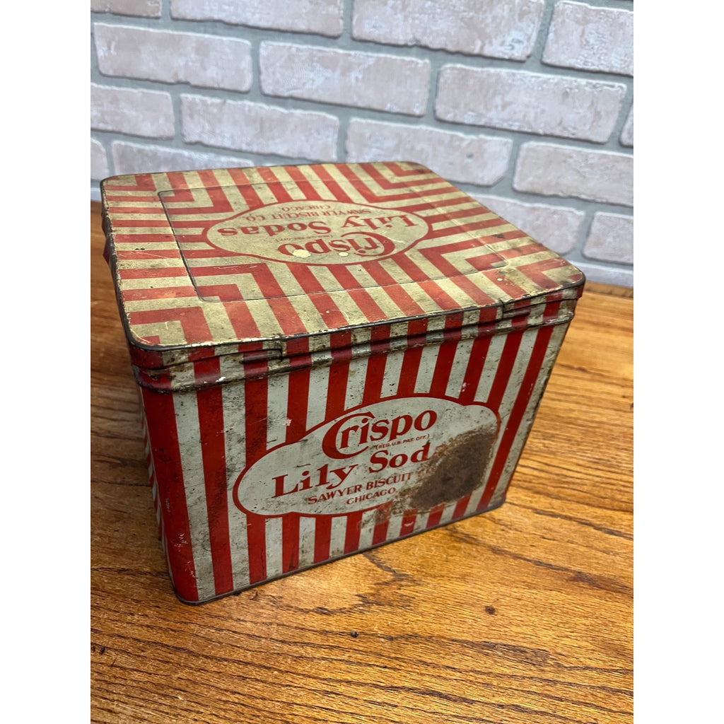 Antique Crispo Lilly Sodas Tin Advertising Box Sawyer Biscuit Patriotic Red
