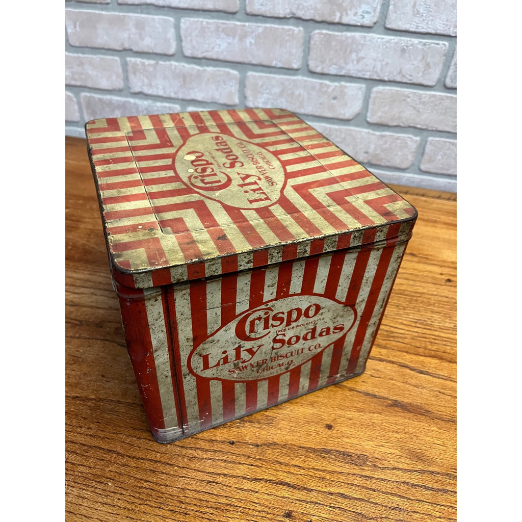 Antique Crispo Lilly Sodas Tin Advertising Box Sawyer Biscuit Patriotic Red