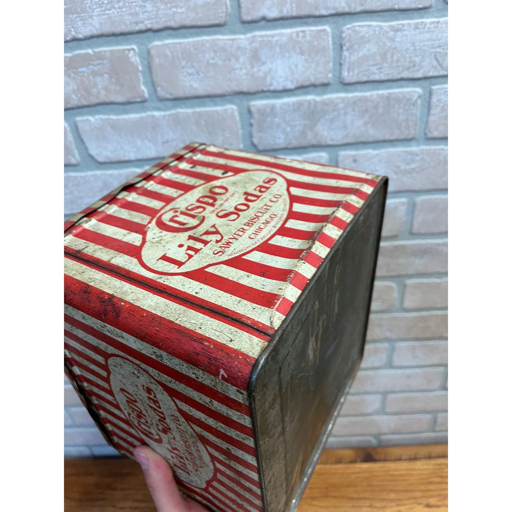 Antique Crispo Lilly Sodas Tin Advertising Box Sawyer Biscuit Patriotic Red
