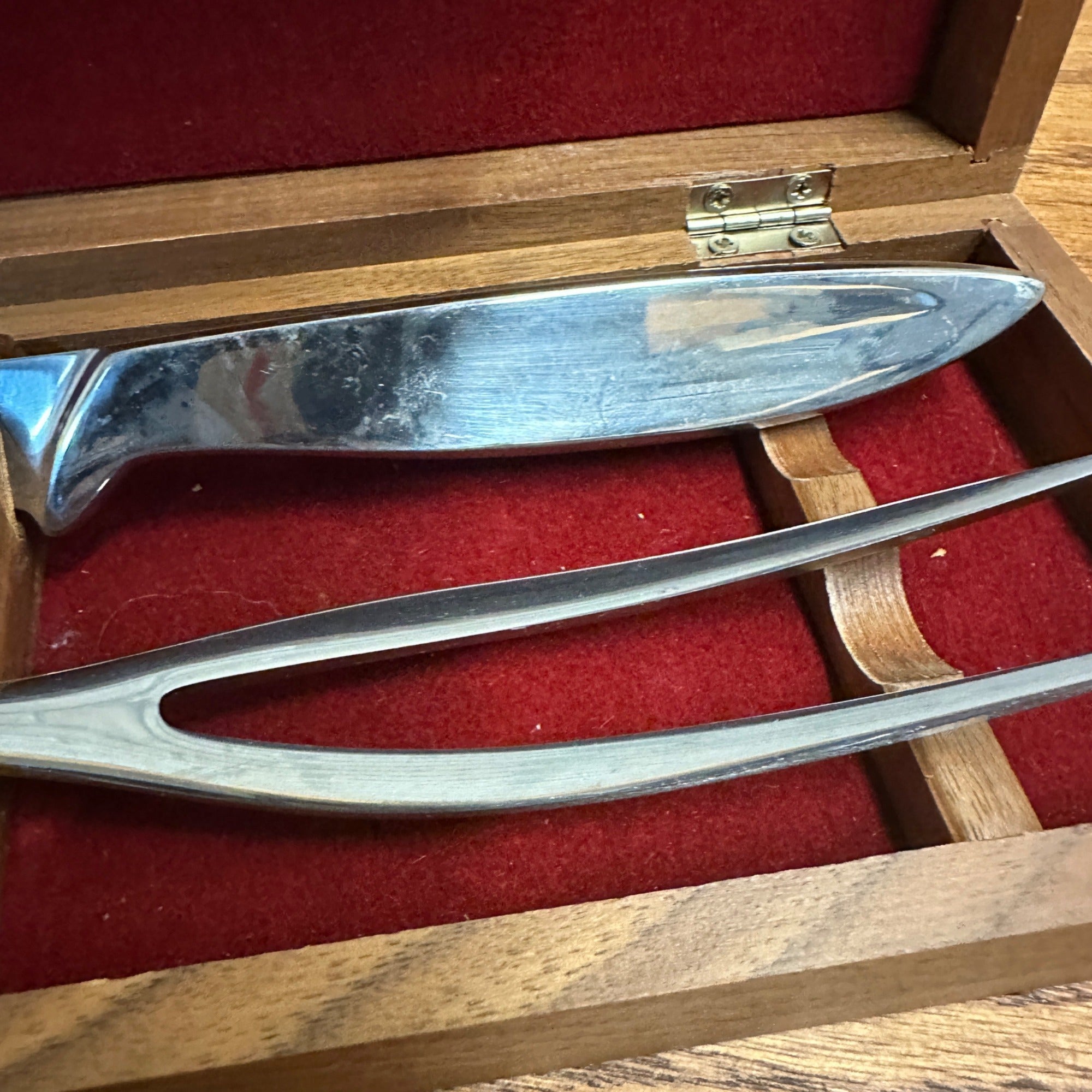 Nordholm Stainless Carving Set MCM Sweden Wooden Box 2 Pieces Fork & Knife