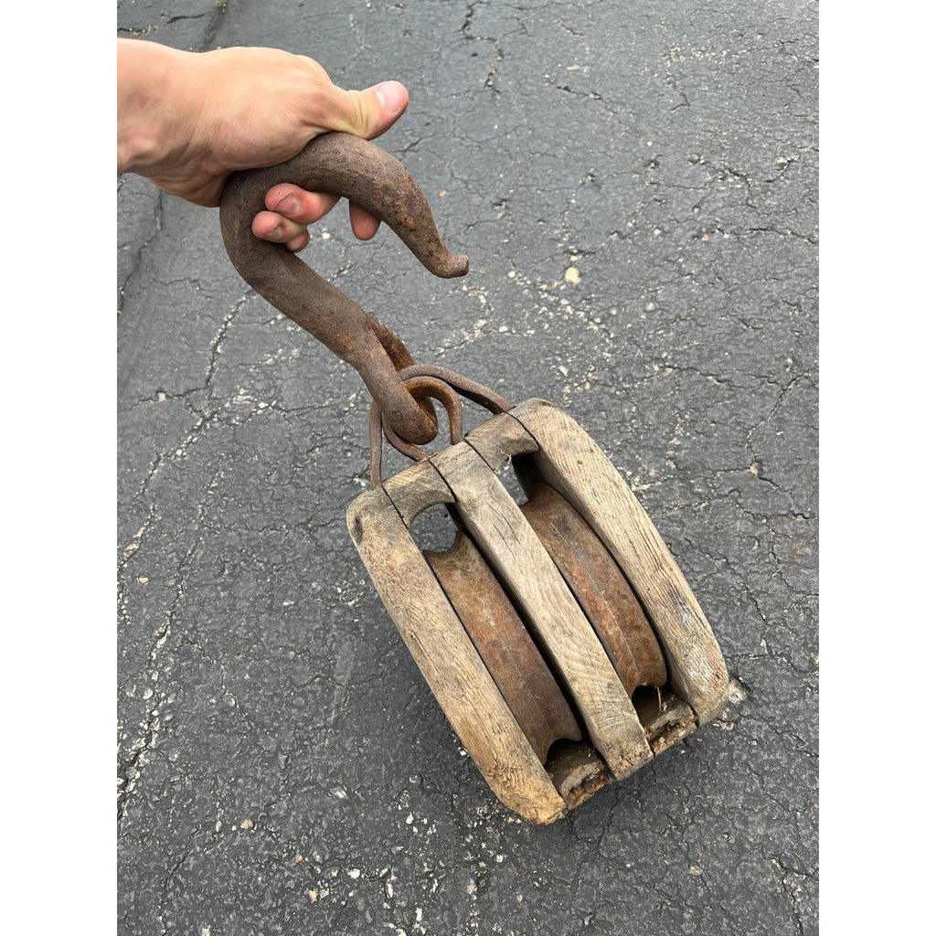 Antique Large Wooden Industrial Block Tackle Pulley Double Wheel Nautical Ship