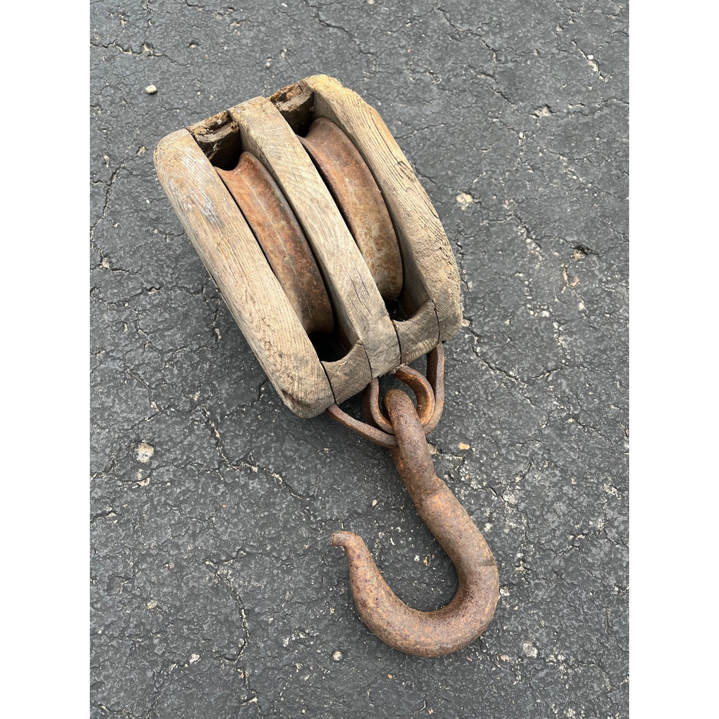 Antique Large Wooden Industrial Block Tackle Pulley Double Wheel Nautical Ship