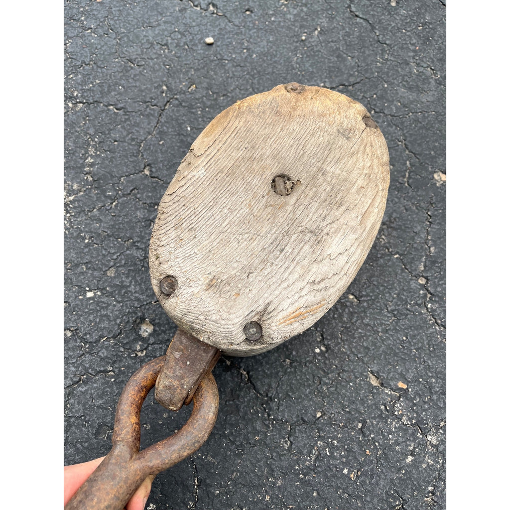 Antique Large Wooden Industrial Block Tackle Pulley Double Wheel Nautical Ship