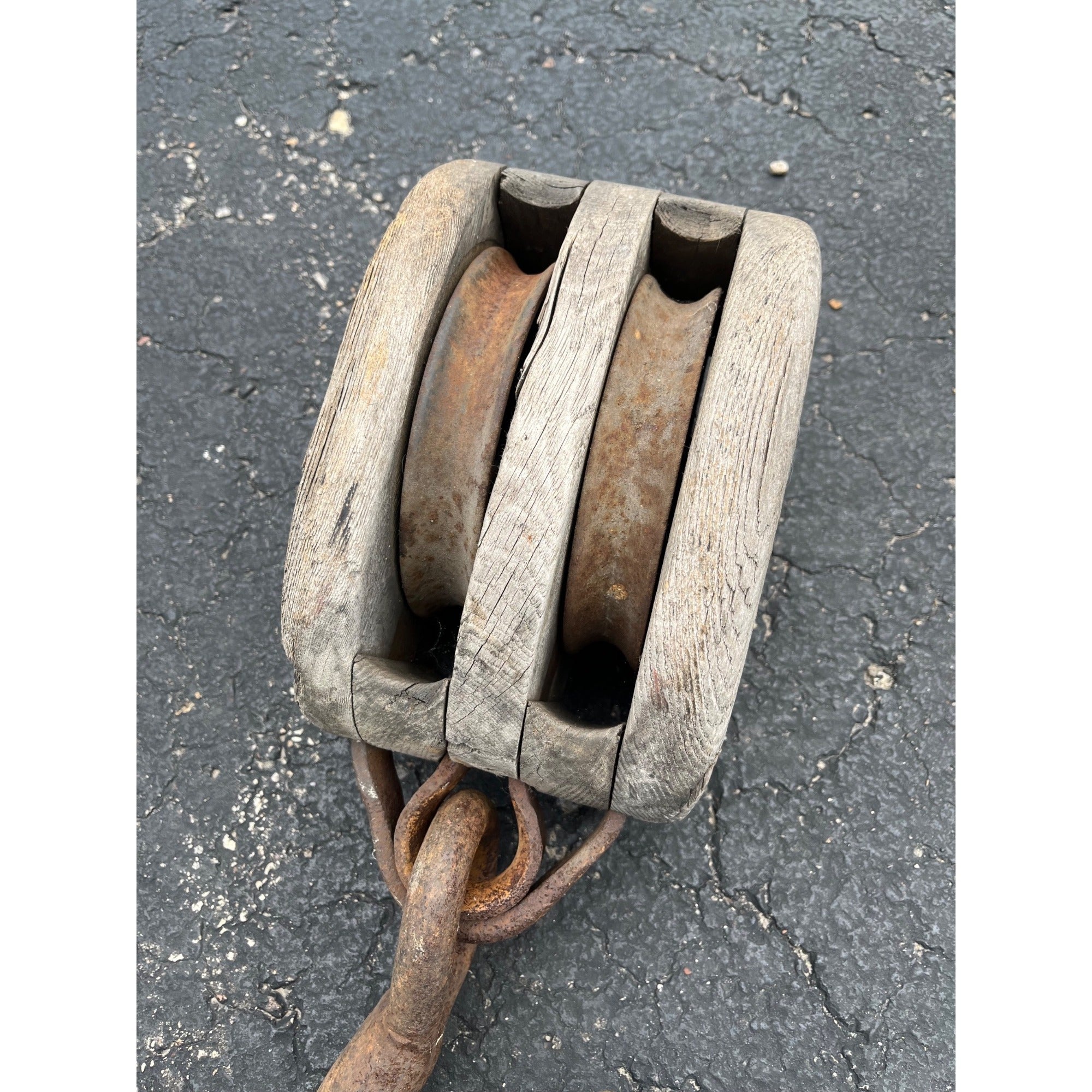 Antique Large Wooden Industrial Block Tackle Pulley Double Wheel Nautical Ship