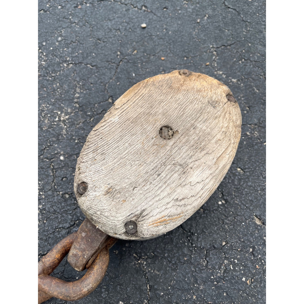 Antique Large Wooden Industrial Block Tackle Pulley Double Wheel Nautical Ship