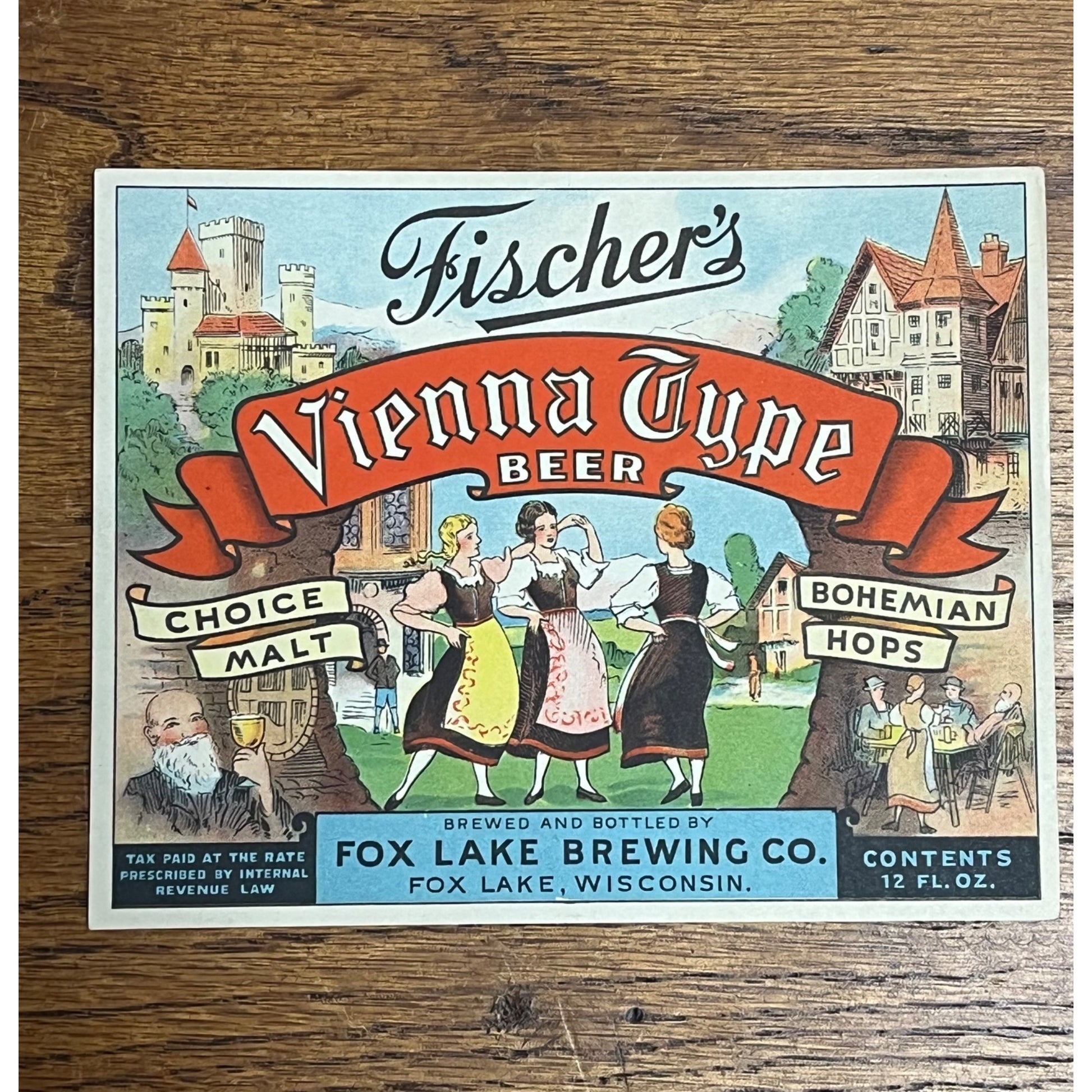 Vintage Fox Lake Brewing Co. Wisconsin Vienna IRTP Paper Beer Bottle Label 12oz