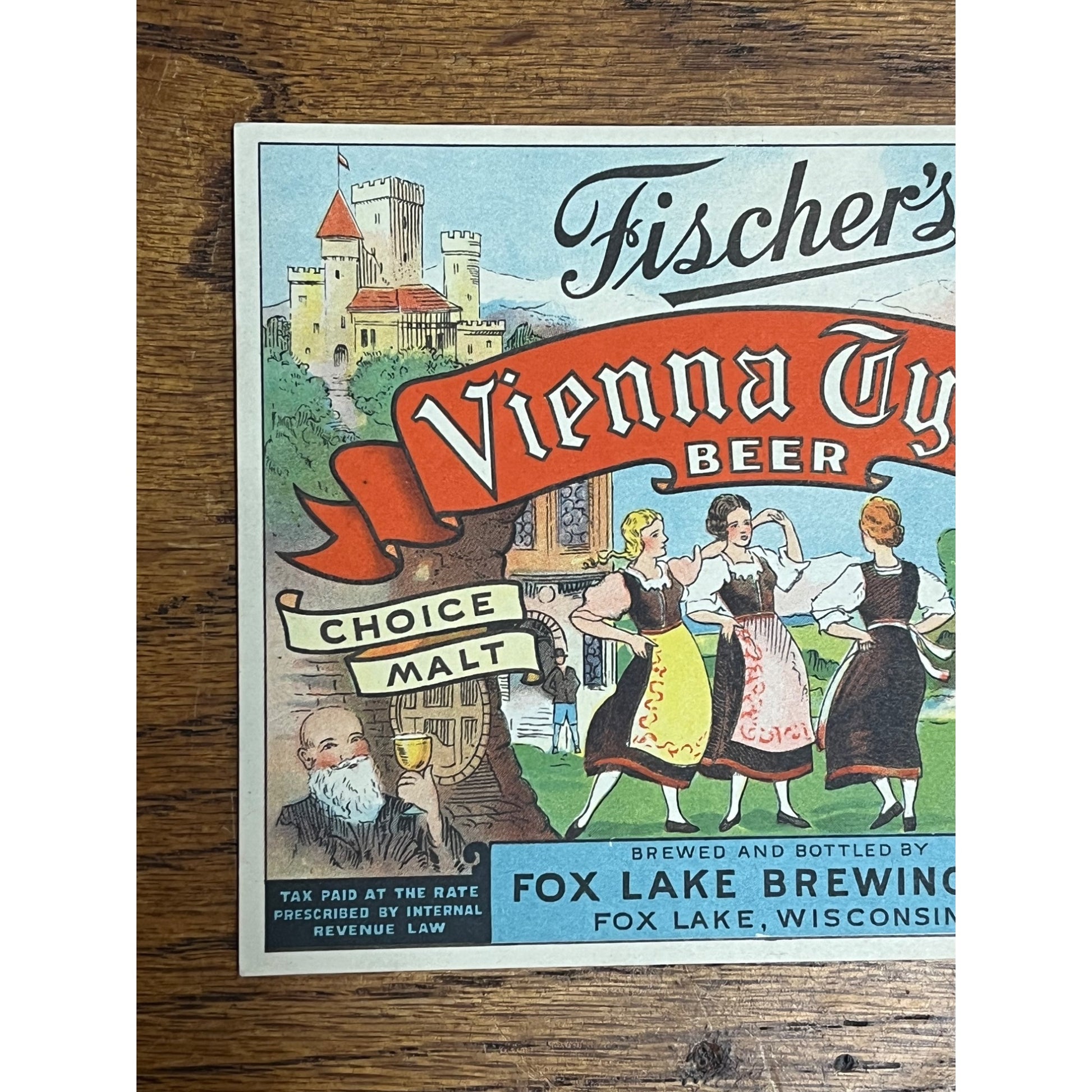 Vintage Fox Lake Brewing Co. Wisconsin Vienna IRTP Paper Beer Bottle Label 12oz