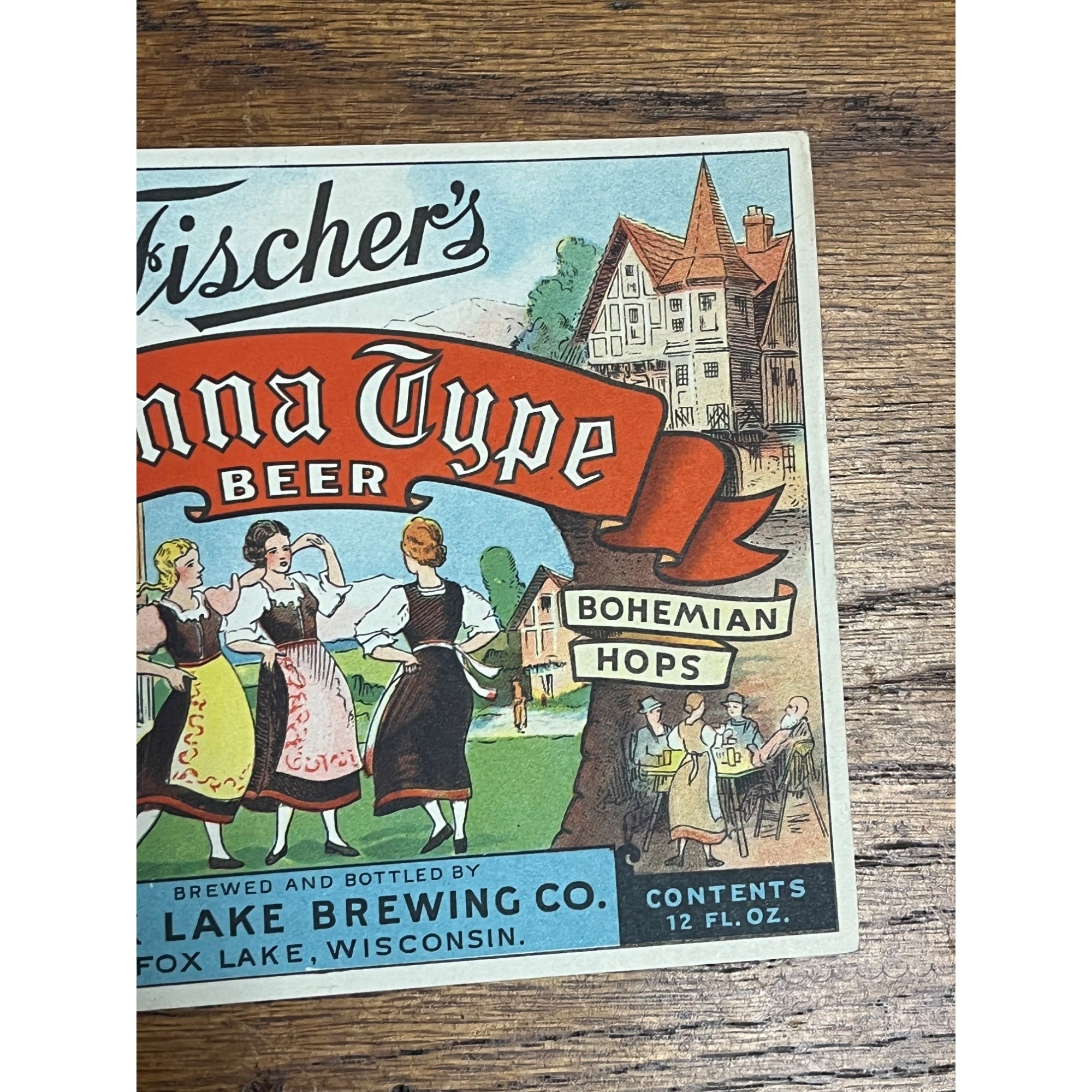 Vintage Fox Lake Brewing Co. Wisconsin Vienna IRTP Paper Beer Bottle Label 12oz
