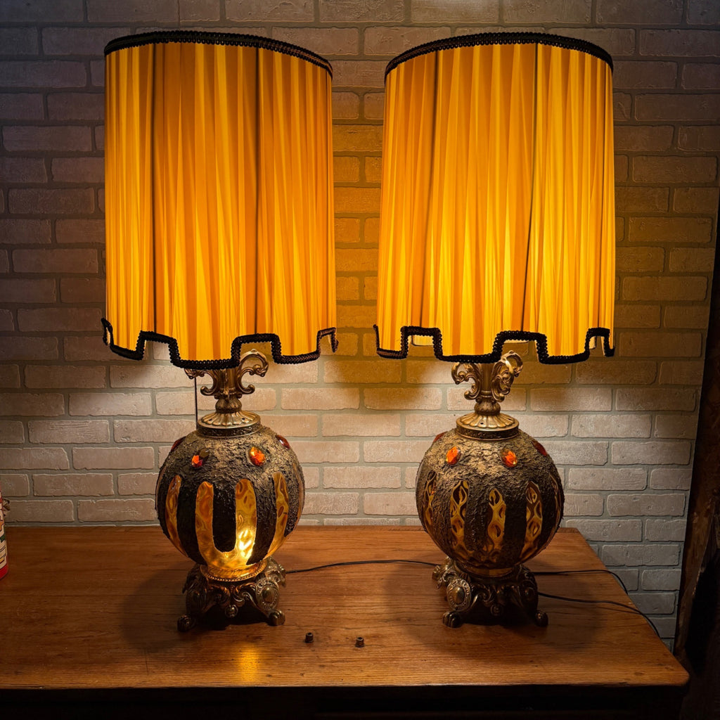 Pair 1972 Mid Century EF & EF Orange Hollywood Regency Lamps 1970s Jeweled Gold