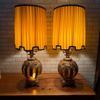 Pair 1972 Mid Century EF & EF Orange Hollywood Regency Lamps 1970s Jeweled Gold