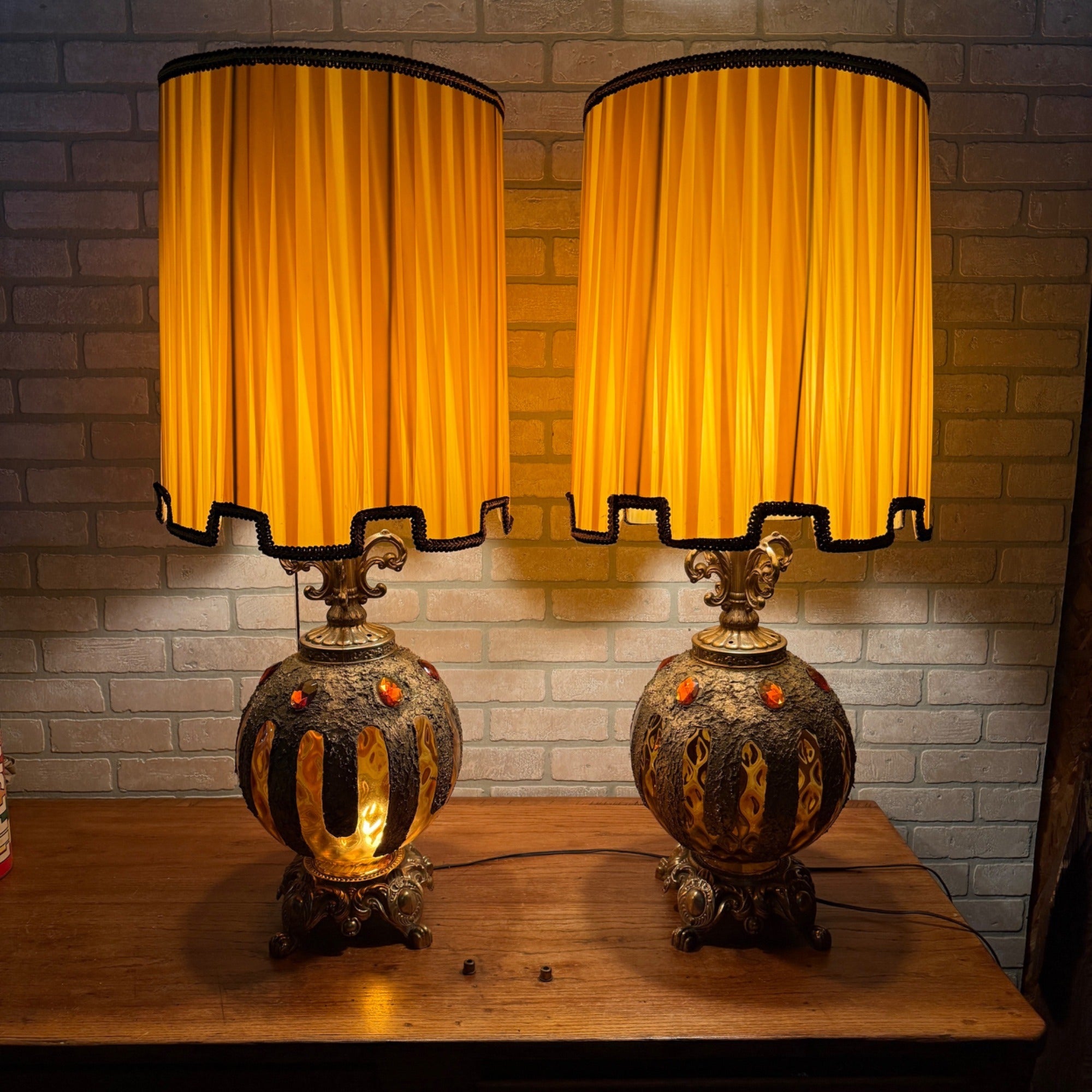 Pair 1972 Mid Century EF & EF Orange Hollywood Regency Lamps 1970s Jeweled Gold