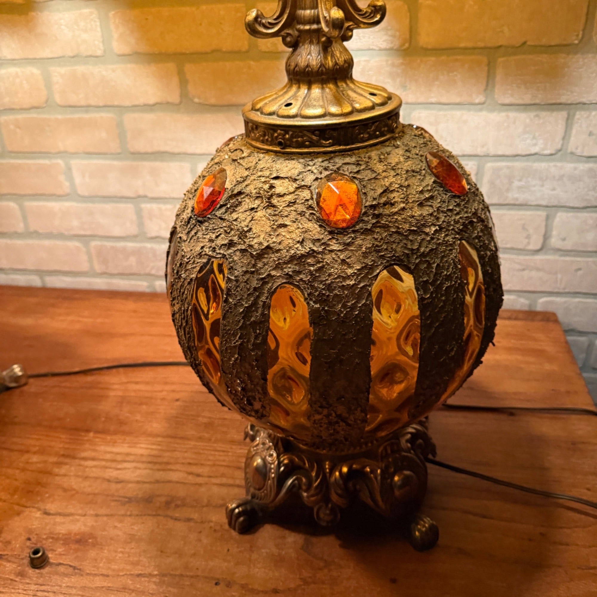 Pair 1972 Mid Century EF & EF Orange Hollywood Regency Lamps 1970s Jeweled Gold