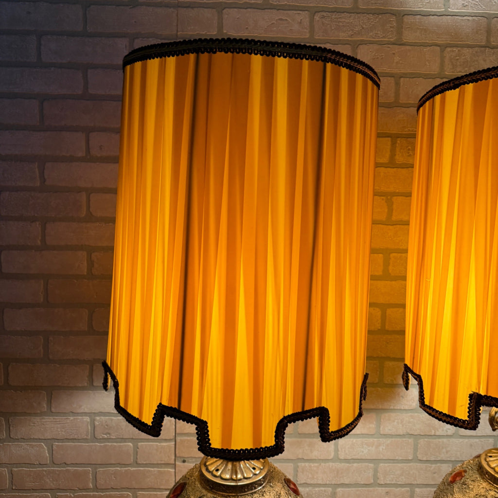 Pair 1972 Mid Century EF & EF Orange Hollywood Regency Lamps 1970s Jeweled Gold
