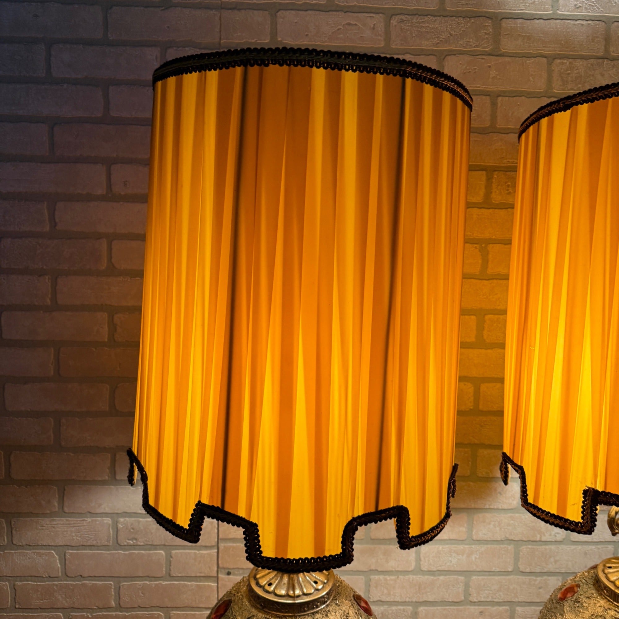 Pair 1972 Mid Century EF & EF Orange Hollywood Regency Lamps 1970s Jeweled Gold
