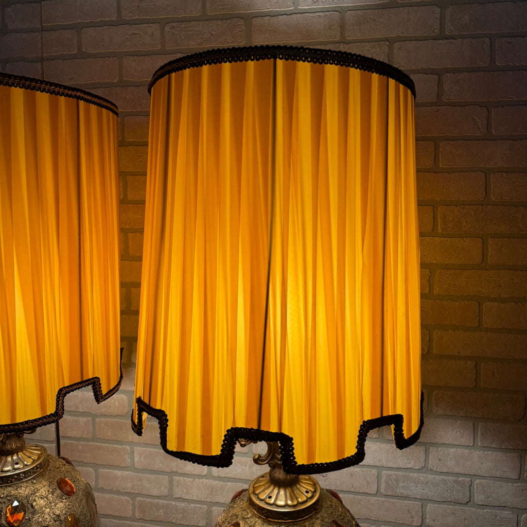 Pair 1972 Mid Century EF & EF Orange Hollywood Regency Lamps 1970s Jeweled Gold