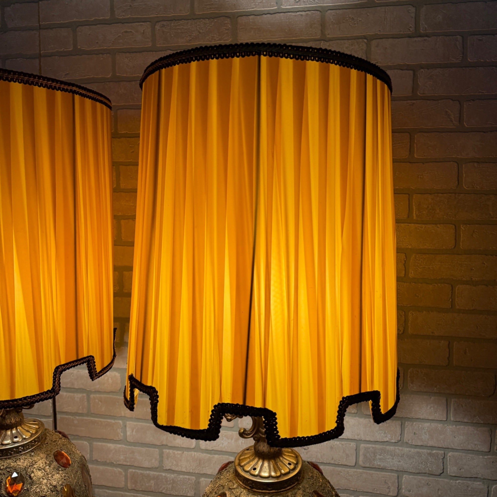 Pair 1972 Mid Century EF & EF Orange Hollywood Regency Lamps 1970s Jeweled Gold